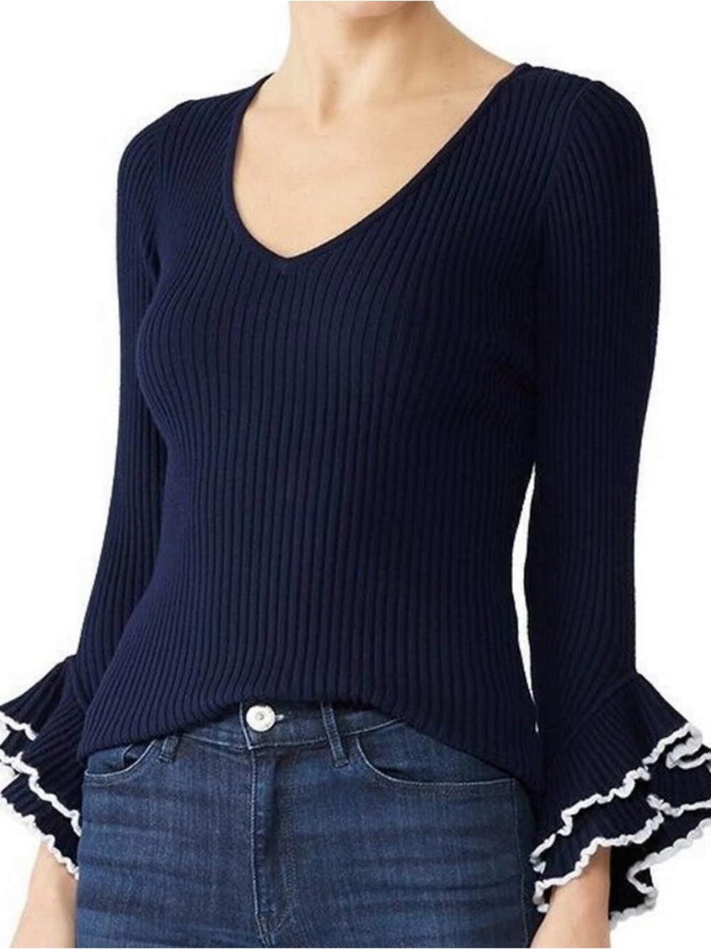 Milly Navy Ribbed V-Neck Sweater with Ruffle Trim Cuffs
